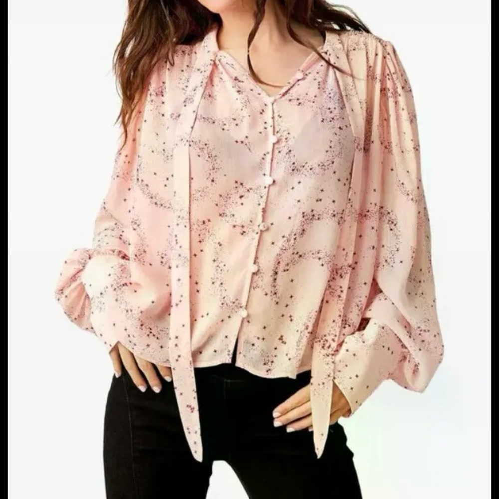 Free People Stars Align Printed Top Blouse Tie Neck Detail Smocked Yoke size S